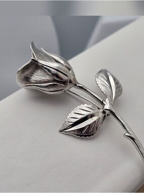Vintage Silver Tone Rose Brooch Detailed Floral Pin 2.75" Classic Statement